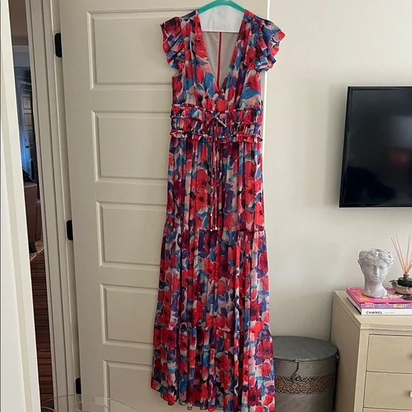 PATBO Violet V-neck Flutter-sleeve Maxi sunDress In Cherry sz 6 - Picture 4 of 6